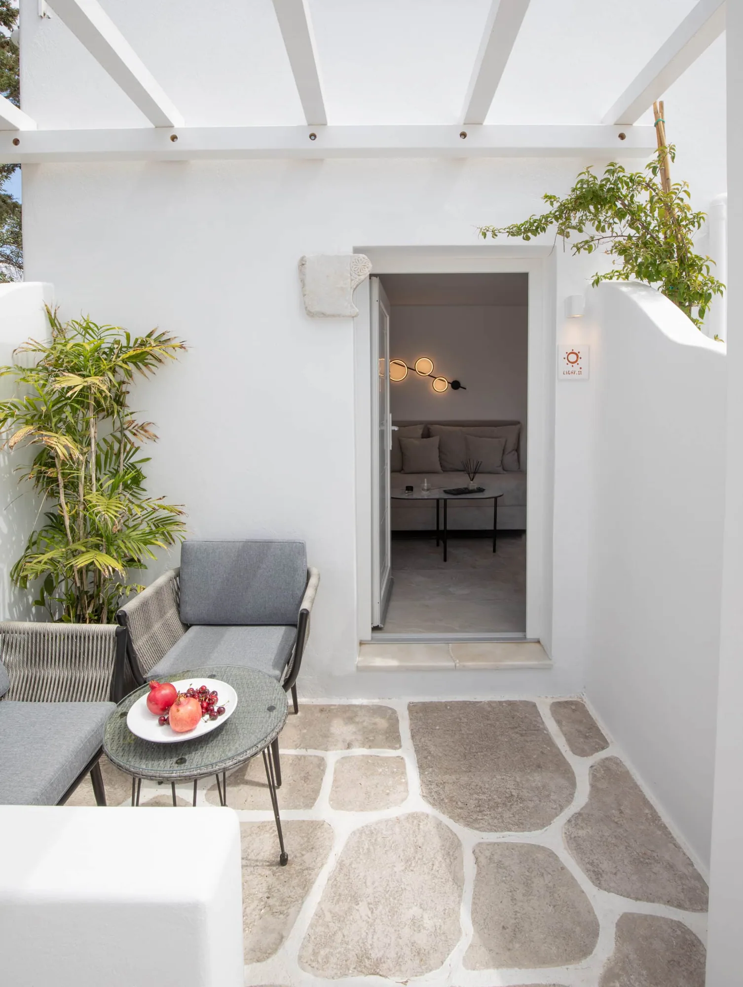 Outdoor sitting area with rope chairs